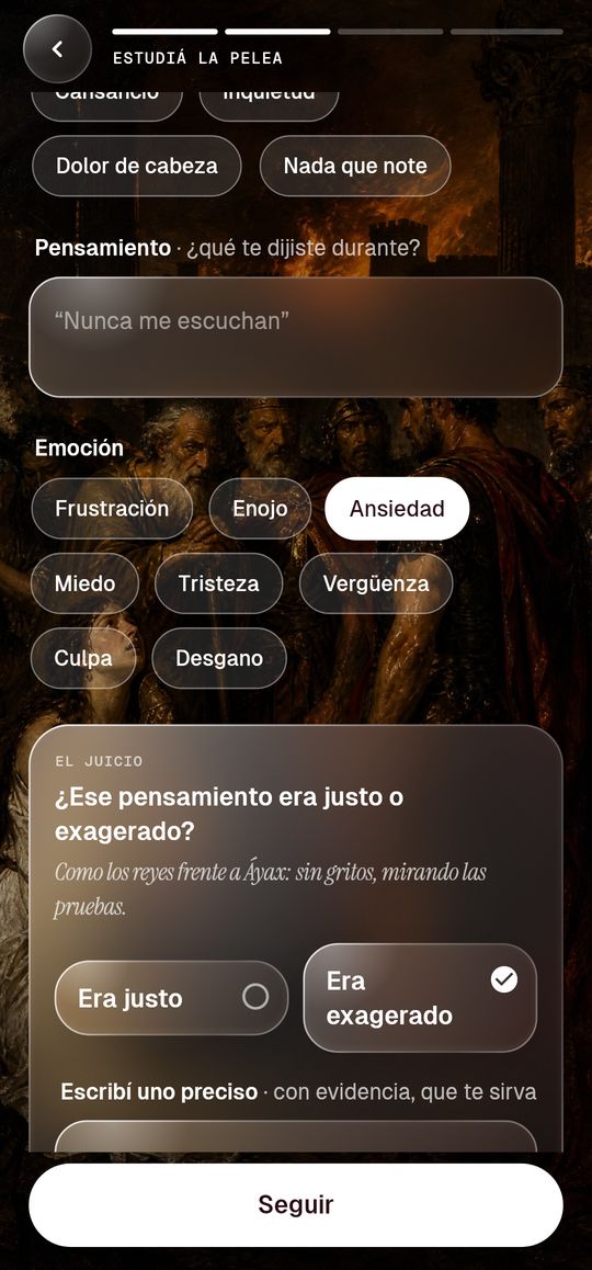 Pantalla Estudiá la pelea: ¿Ese pensamiento era justo o exagerado?