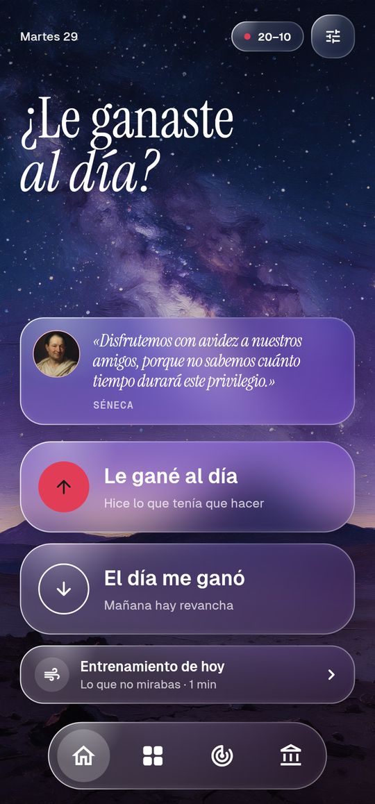 Pantalla de Estoa: ¿Le ganaste al día?, con las opciones Le gané al día y El día me ganó